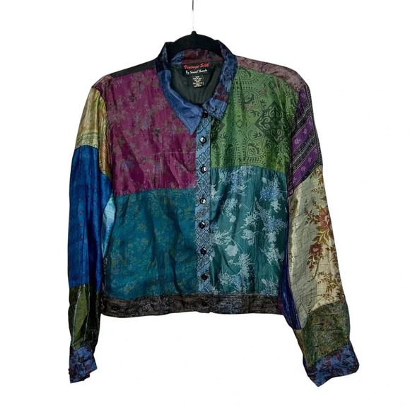 Vintage Silk by Sacred Threads Cropped Patchwork Lightweight Jacket Shacket - Picture 1 of 7